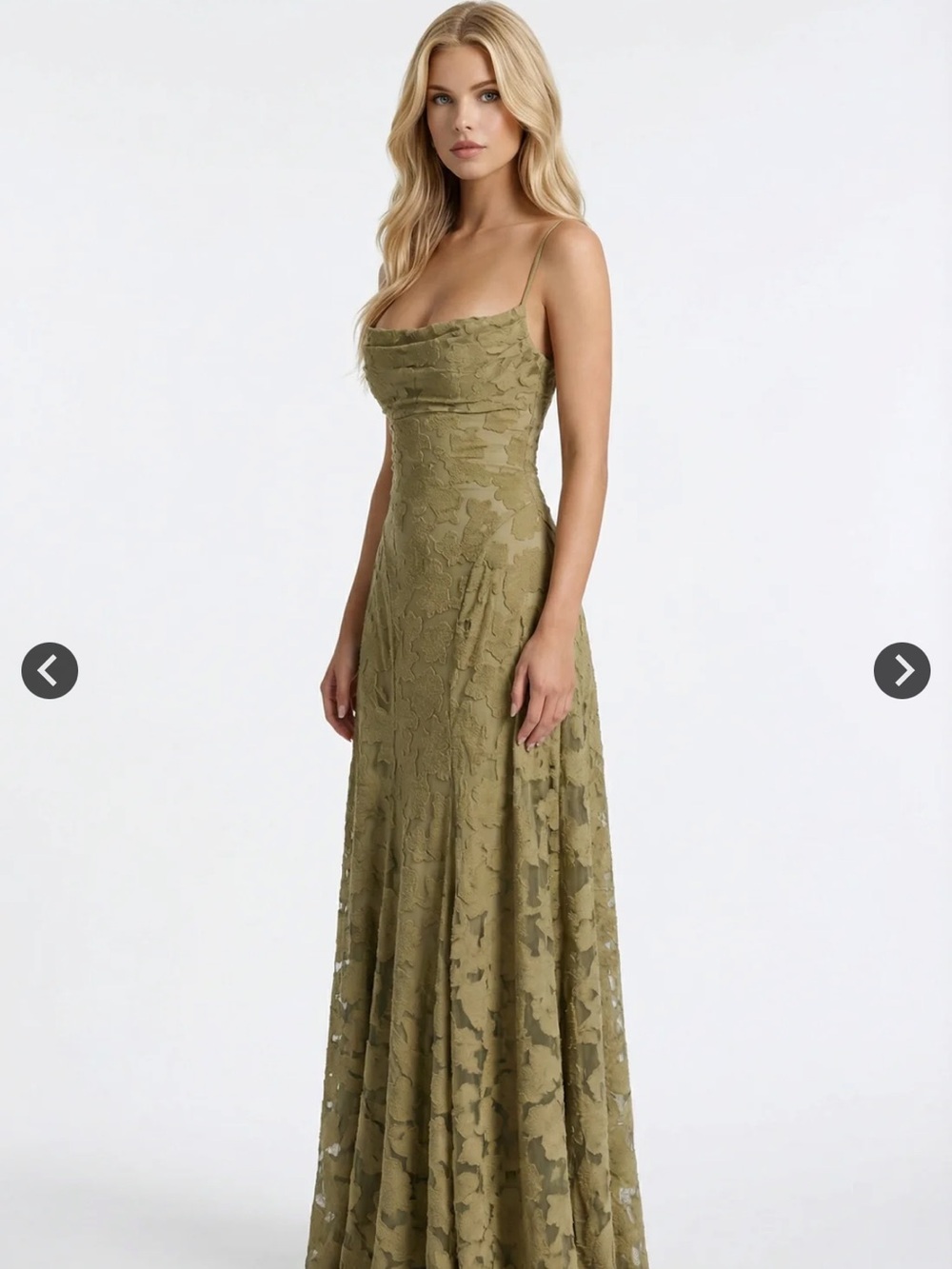 Olive Lace Spaghetti-Strap Evening Gown